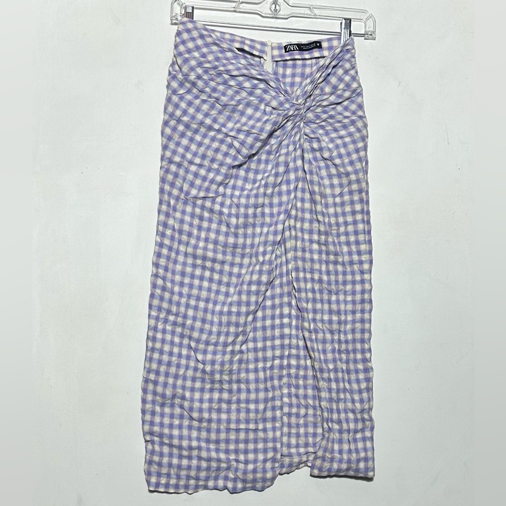 Zara Purple and White gingham Maxi Wrap Skirt with Tie Front